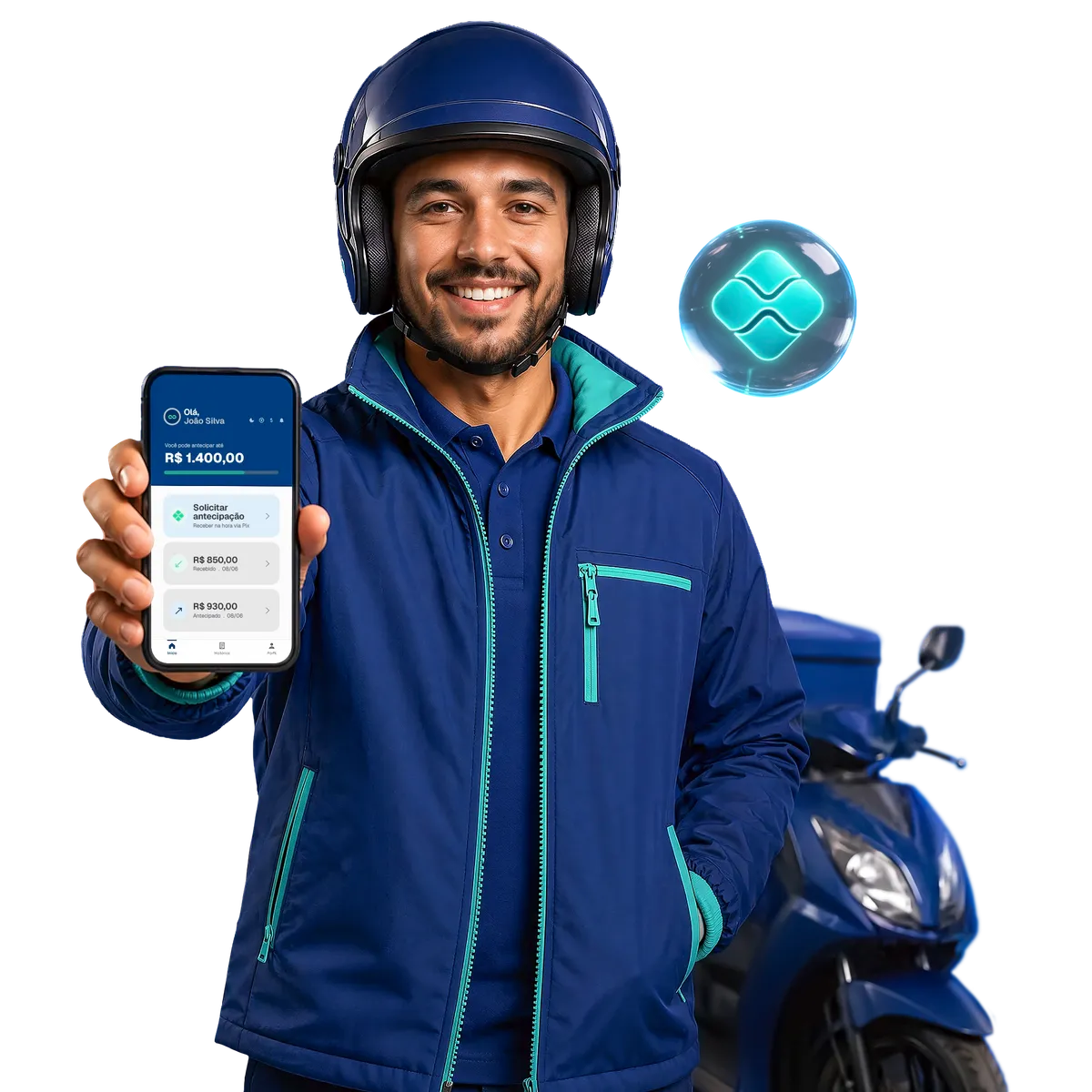 Entregador de moto mostrando o adiantamento recebido no aplicativo Woovi