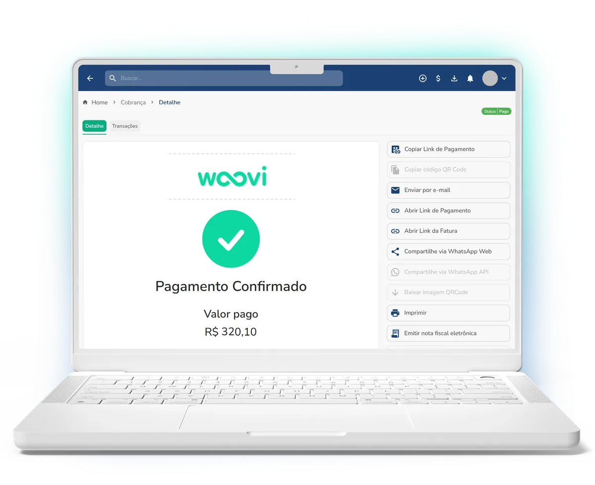 Notebook com pagamento Pix confirmado automaticamente na Woovi