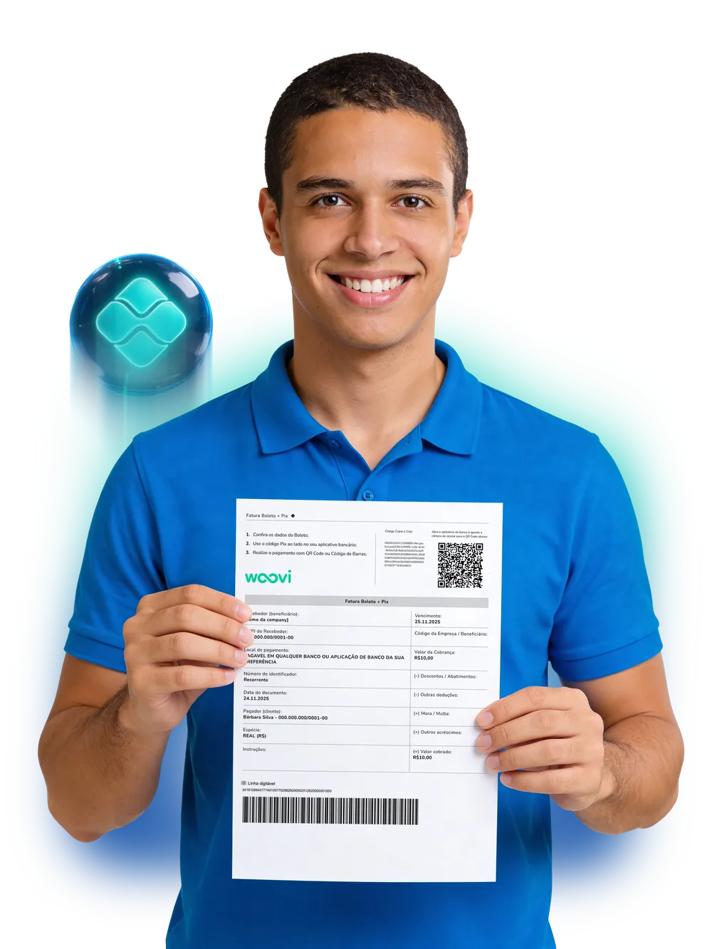 Pessoa segurando um boleto com QR Code Pix da Woovi