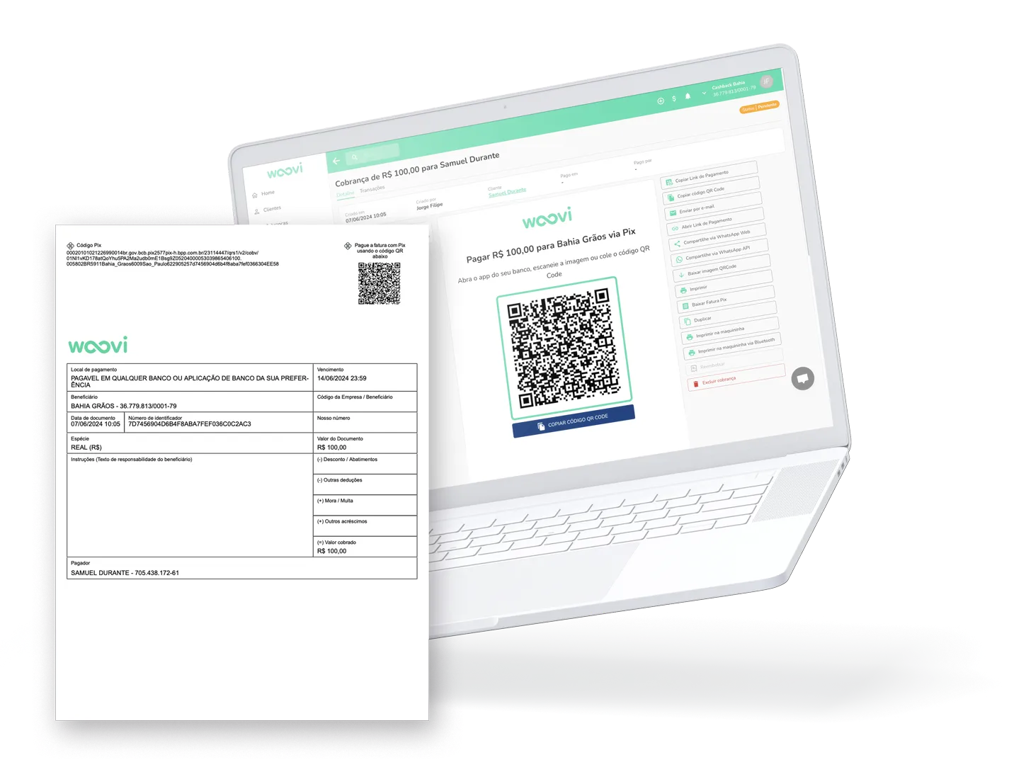 Fatura Woovi em modelo PDF e computador com plataforma Woovi