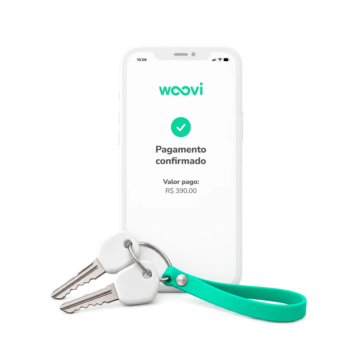 Celular com o pagamento confirmado na Woovi e as chaves do veículo