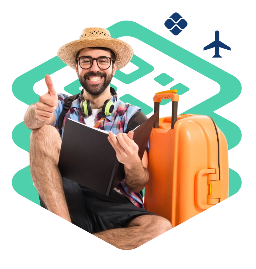 Turista feliz com um livro de viagens e uma mala