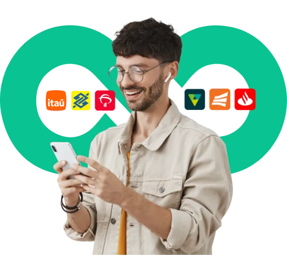 Homem feliz com smartphone e logos dos bancos