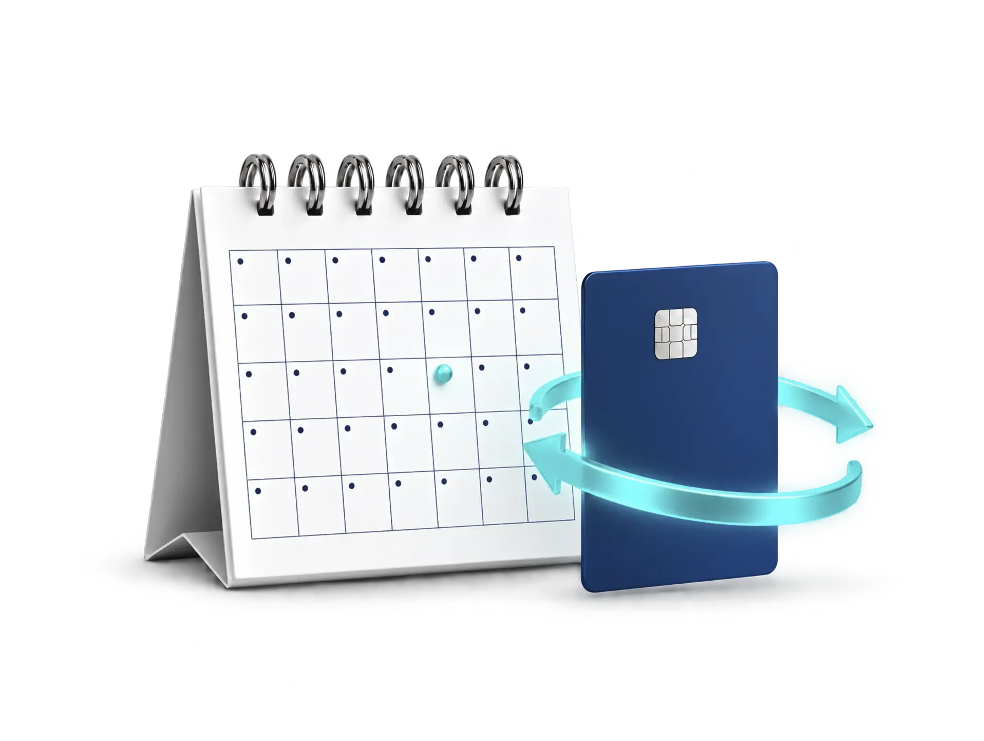 Calendário ao lado de um cartão de crédito com setas de recorrência