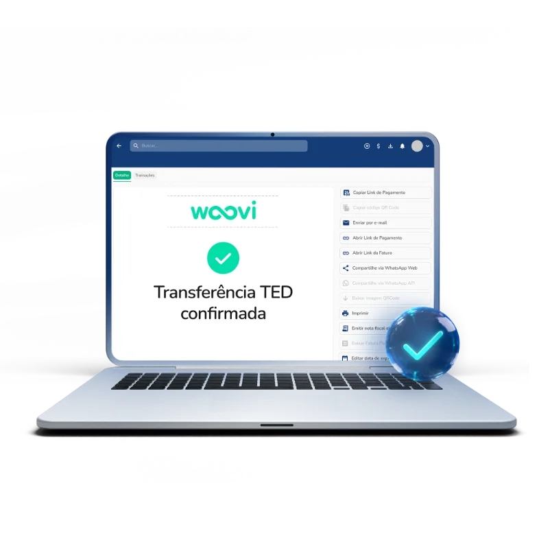 Notebook com a plataforma Woovi mostrando uma transferência TED confirmada