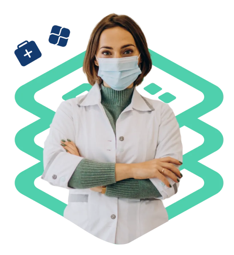 Mulher com jaleco branco usando uma máscara no rosto