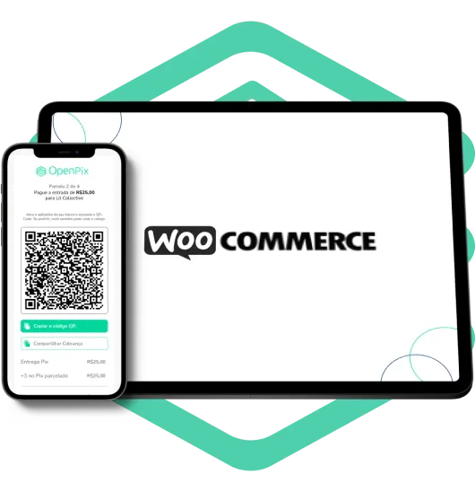 Tablet com logo do WooCommerce e um celular com link de pagamento pix da Woovi