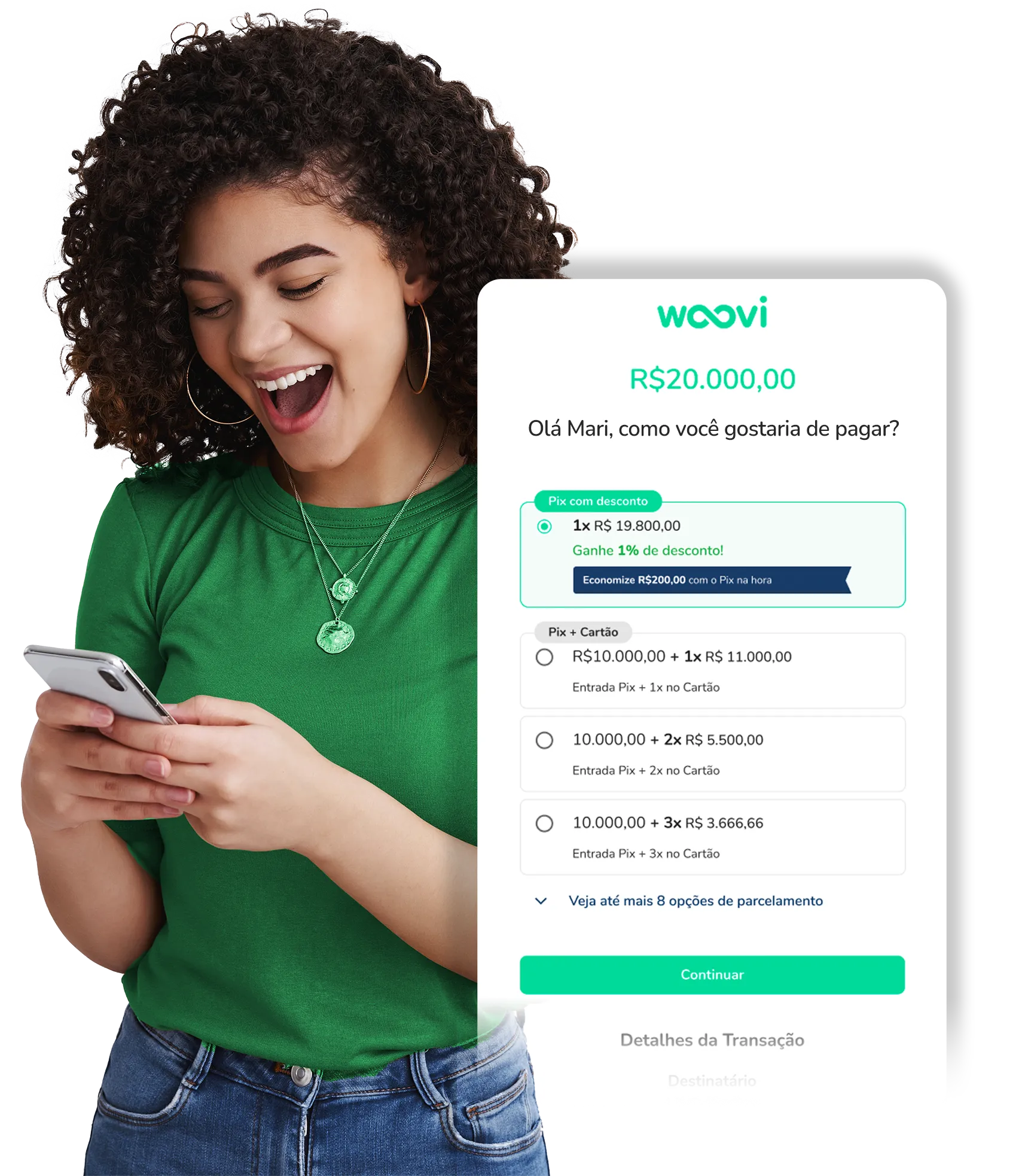 A man happy with a smartphone seeing woovi parcelado options of payment